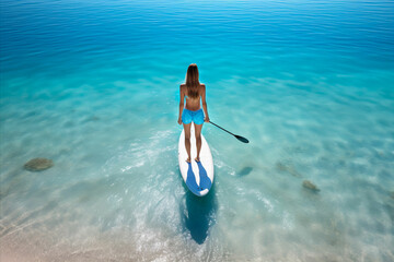 Stunning Aerial Shot of Young Attractive Woman Balancing on SUP Board in the Ocean