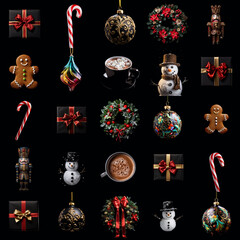 Festive 5x5 grid Christmas collage weaving together the timeless symbols of the season, including candy canes, ornaments, presents, snowmen, gingerbread men, hot chocolate, wreaths and nutcrackers