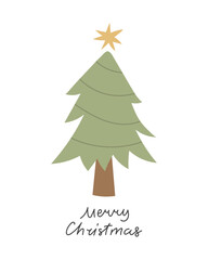 Merry Christmas. Cartoon christmas tree, hand drawing lettering, décor elements. holiday theme. Colorful vector illustration, flat style. design for greeting cards, print, poster