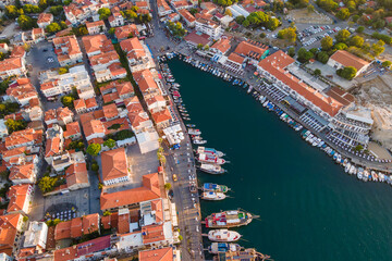 Aerial view of old town Foca with historical Aegean houses. Aerial wide shot