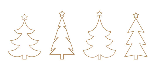 Christmas trees line icons. Gold Christmas trees with stars. - 686379418