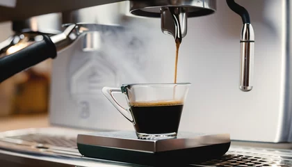 Foto op Plexiglas Detail of Italian espresso maker. Coffe machine in steam. Barista preparing coffe. Professional coffee brewing. Delicious cup of coffee close up. Early morning breakfast. Generative AI © juanorihuela