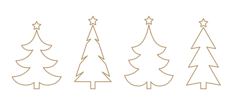 Christmas trees line icons. Gold Christmas trees with stars.