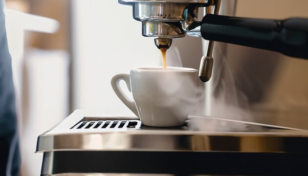 Detail of Italian espresso maker. Coffe machine in steam. Barista preparing coffe. Professional coffee brewing. Delicious cup of coffee close up. Early morning breakfast. Generative AI
