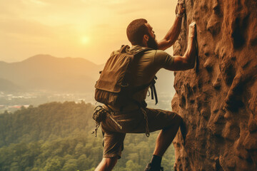 Sport climbing, bouldering and rappelling athlete man on stone and rock wall at sunrise. - obrazy, fototapety, plakaty