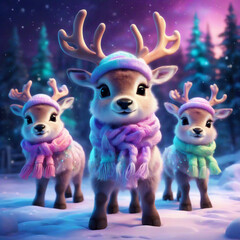 winter graphic of reindeer in pastel hats on the background of the Aurora Borealis