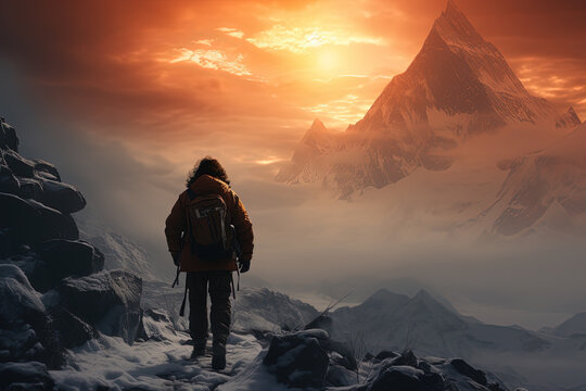 Climber Facing the Summit at Sunrise