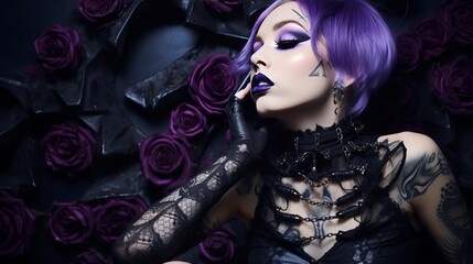 attractive gothic girl, purple lips, body tattoos