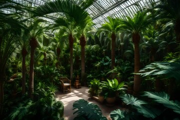 Fototapeta na wymiar A lush tropical conservatory with a variety of palm trees and ferns