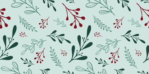 Seamless pattern with hand drawn christmas leaves and branches. Perfect for xmas or new year wallpaper, wrapping paper, web sites, background, social media, blog, presentation and greeting cards.