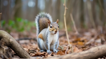 Naklejka premium Cute eastern gray squirrel foraging for nuts with a shallow depth of field. generative ai