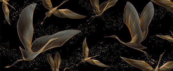 Fototapeta premium Luxury dark art background with hand-drawn crane birds in golden line art style. Abstract animalistic banner for wallpaper, decor, print, textile, packaging, interior design.