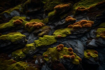 The intricate textures and patterns of lichens and mosses on rocky terrain