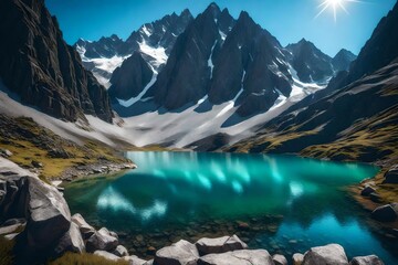 A breathtaking mountain landscape with pristine lakes and towering peaks