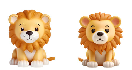 Children’s 3D Rendering Banner: A Cute Lion Set, King of the Jungle, in the Style of Plastic Bath Toys, Isolated on Transparent Background, PNG