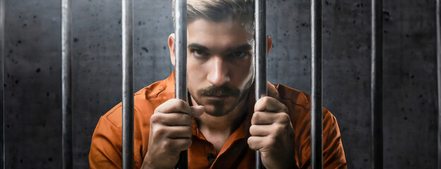 Young man behind bars in prison. Imprisonment for life and awaiting trial. Panorama with copy space. Convicted male looks at the camera with an unkind gaze and hold on to the iron bars.