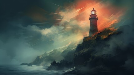 digital art of lighthouse with foghorn in fog, cosmic art, copy space, 16:9 - obrazy, fototapety, plakaty