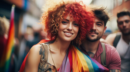 
An attractive girl participates in the traditional Pride parade, proudly holding a vibrant rainbow flag that gleams on her.