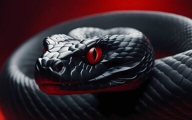 Fototapeta premium Black snake close-up on a red background