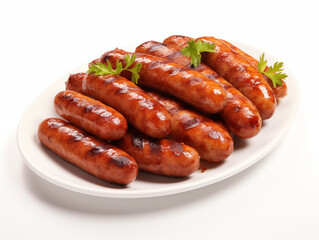 sausage on a plate isolated on a white background - obrazy, fototapety, plakaty