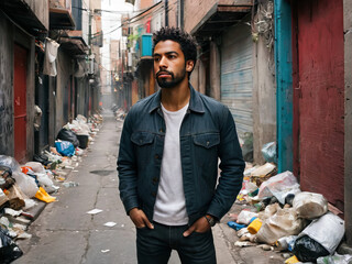Black Man in Jean Jacket Stands in Disgust by Alley Filled with Trash Hands in Pockets