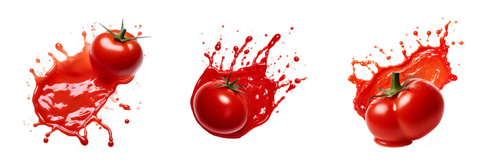 Set of ketchup explosion. Bright splashes of tomato ketchup, cut out - stock png.	