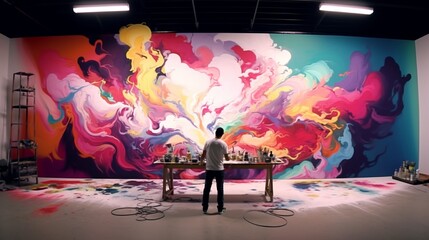A time-lapse capture of a mural artist bringing a blank wall to life with bold strokes of color and a vivid portrayal of imagination. - obrazy, fototapety, plakaty