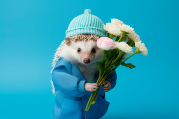 A cute hedgehog in a raincoat and with a bouquet of flowers stands on a blue copy space background