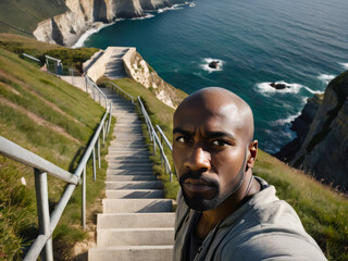 Handsome Bald Black Man Taking a Phone Selfie Outside Stairs by Cliff Edge