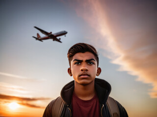Indian - Latino Man in Jacket with High Collar Standing outside Beautiful Dawn Sky with Jumbo Jet Flying in the Sky