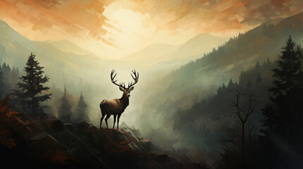 distant silhouette of a deer on top of a mountain peak in Wales, surrounded by a thick ground fog. Background of grand old oak trees, sky, forest and mountains. God rays. - obrazy, fototapety, plakaty