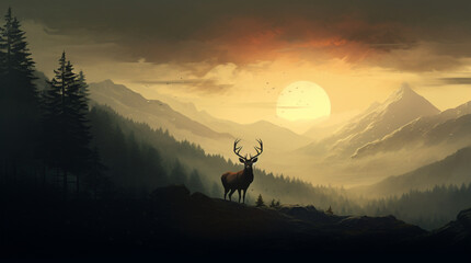 distant silhouette of a deer on top of a mountain peak in Wales, surrounded by a thick ground fog. Background of grand old oak trees, sky, forest and mountains. God rays.