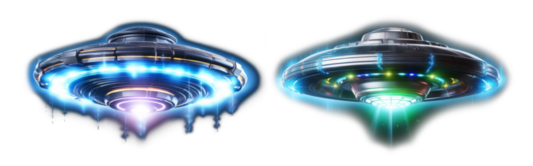 UFO flying saucer hovering in space, cut out - stock png.	