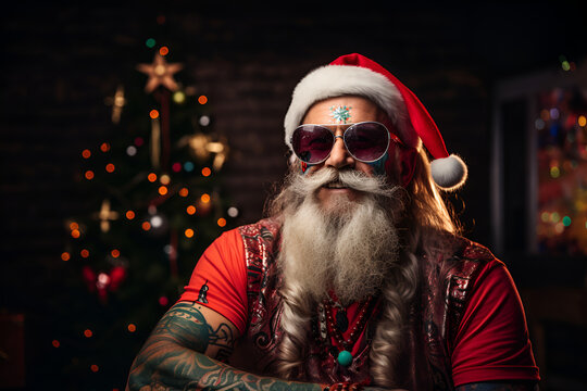 cooler Weihnachtsmann mit Sonnenbrille und Tätowierungen