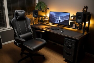 gaming chair and desk with computer on it. gaming room