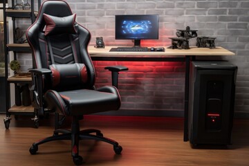 gaming chair and desk with computer on it. gaming room