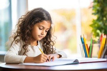 little girl child doing her homework sitting at desk writing on a paper