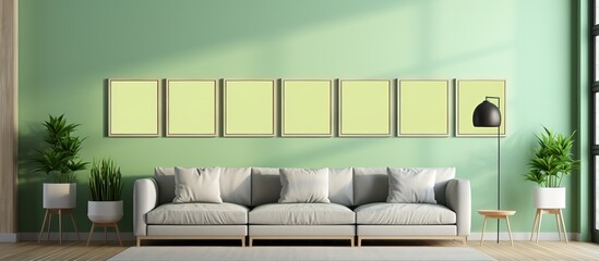 Contemporary light green room with ottoman puff gallery wall with 9 frames ing