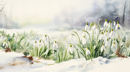 watercolor snowdrops growing in the snow  