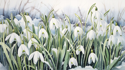 watercolor snowdrops growing in the snow  