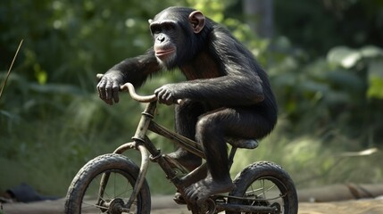 Chimpanzee monkey sitting on a bicycle in the forest. Chimp. Chimpanzee. Evolution Concept