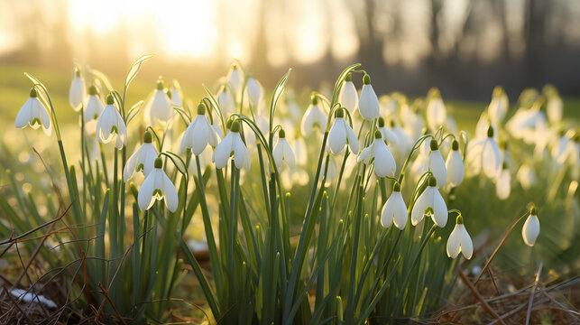 snowdrops on the meadow on a sunny morning
