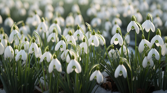 snowdrops in the grass on the meadow
