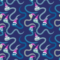 Christmas cartoon animals seamless snake and Santa hat pattern for new year wrapping paper and fabrics