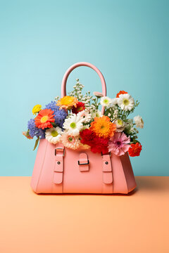 Pastel pink handbag decorated with spring flowers, elegance lifestyle concept