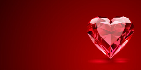 Valentine's day illustration with big crystal faceted heart on red background