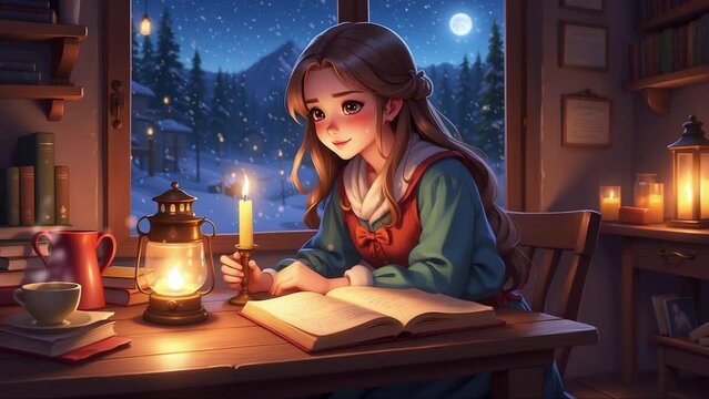 A girl sits and studies at a table, The flickering light of a fire candle illuminates her face, Outside the big glass window, the Christmas night sky twinkles,lofi animation.