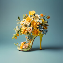Beautiful elegant high heel sandal with fresh yellow flowers isolated in a pastel blue background. - obrazy, fototapety, plakaty