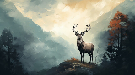 a fierce and noble looking white deer silhouetted on top of a mountain peak in Wales, surrounded by a thick ground fog. Background of grand old oak trees, sky, forest and mountains. God rays. - obrazy, fototapety, plakaty