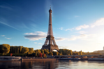 The Eiffel Tower in Paris, capital of France. Monument of the city of Paris. Magnificent view of the Eiffel Tower. - obrazy, fototapety, plakaty